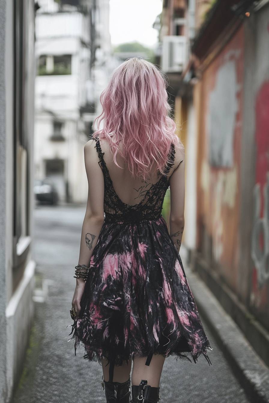 Uma garota vestindo um vestido ousado da Saint Laurent e botas de tornozelo, com cabelo ondulado rosa, na rua da semana de moda.