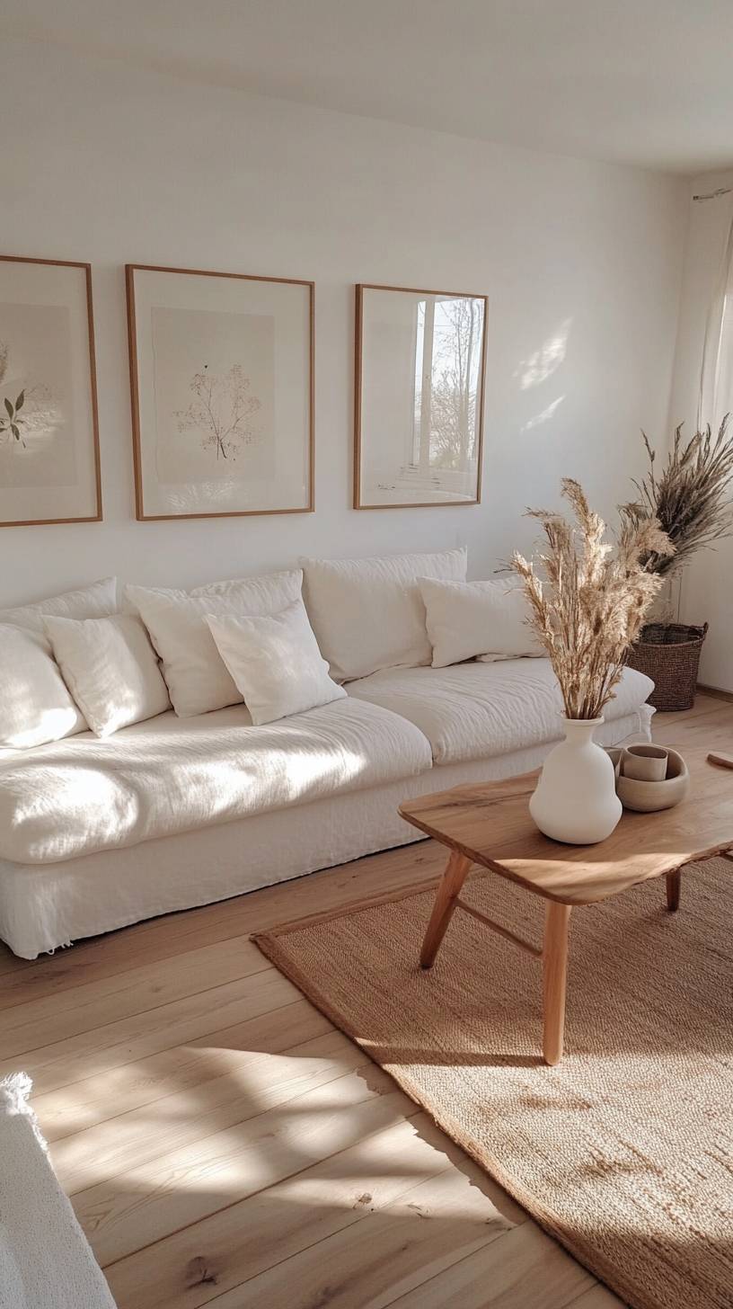 Sala de estar de estilo nórdico con sofá de lino blanco, impresiones artísticas minimalistas, jarrones de cerámica, suelo de madera y luz natural suave.