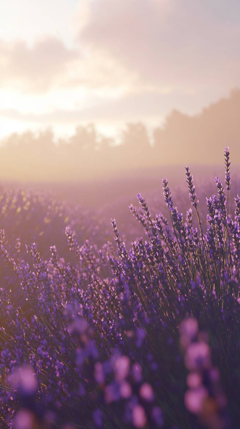 Ein Lavendelfeld beim Sonnenaufgang, mit sanften violetten Tönen und goldenem Licht durch den Morgennebel.