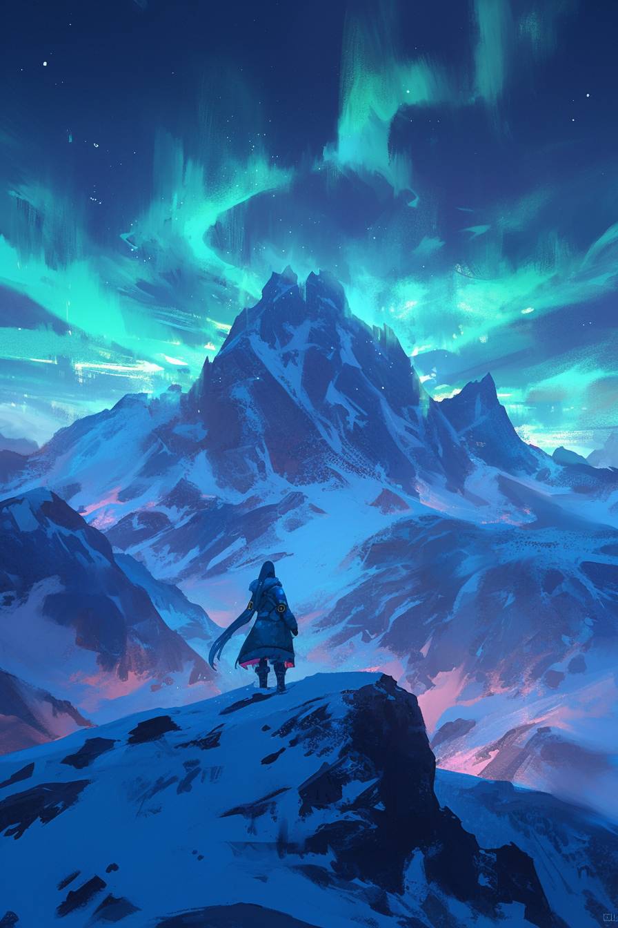 Glowing aurora borealis over snowy mountains, tranquil and serene.