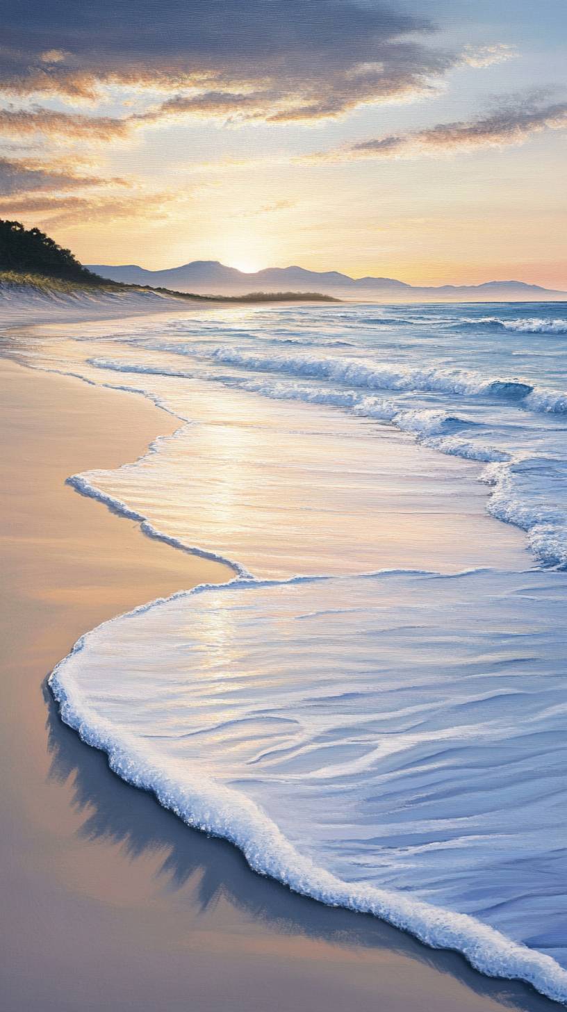 Plage sereine avec du sable doux, des vagues douces et des tons de coucher de soleil pastel.