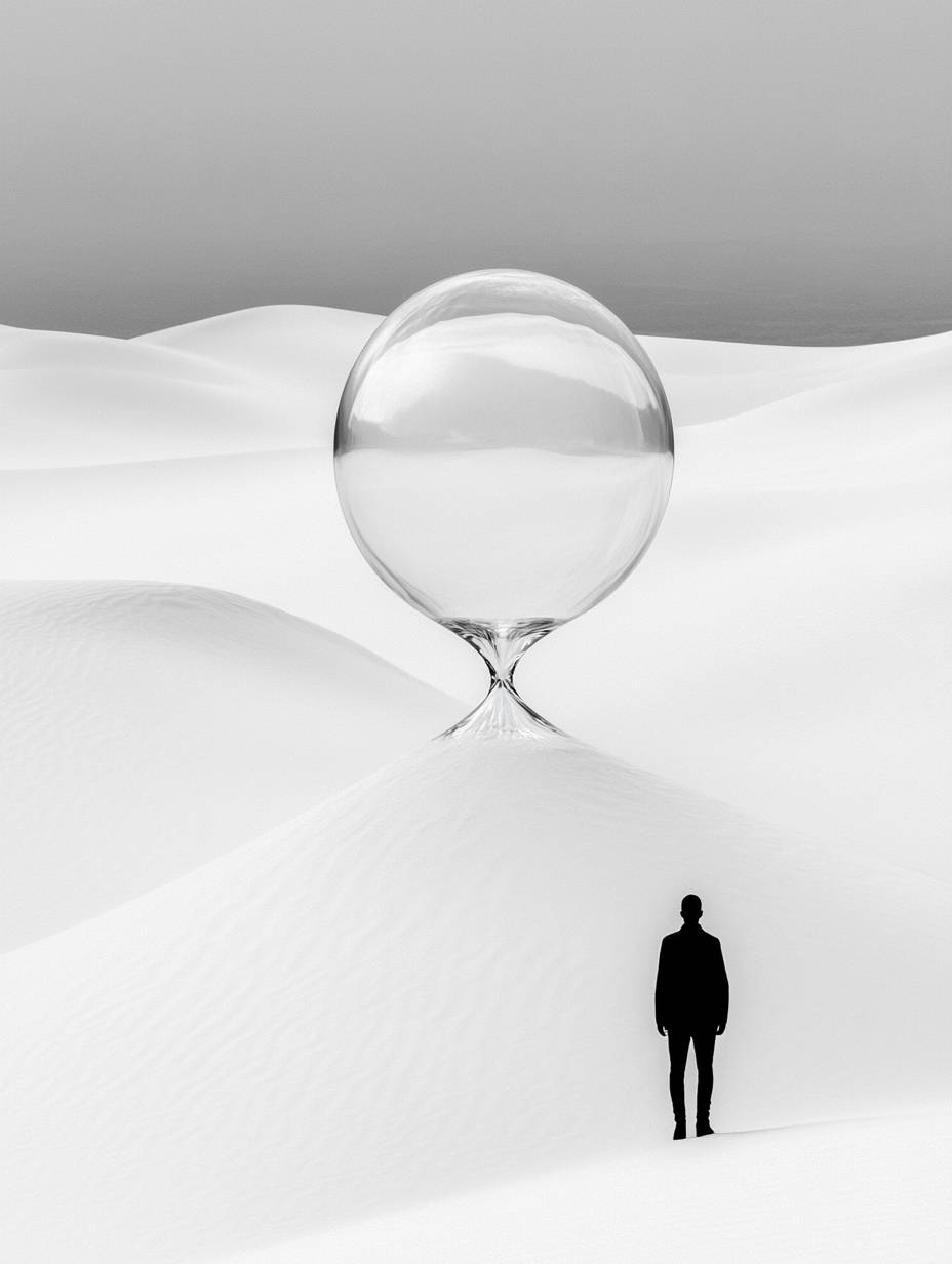 A surreal black-and-white photograph depicting the passage of time and human solitude.