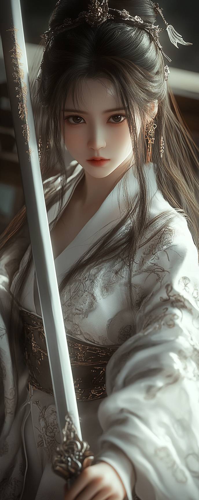 Une fille en Hanfu et armure traditionnelle tient une épée, regardant le public, montrant une beauté surréaliste raffinée.