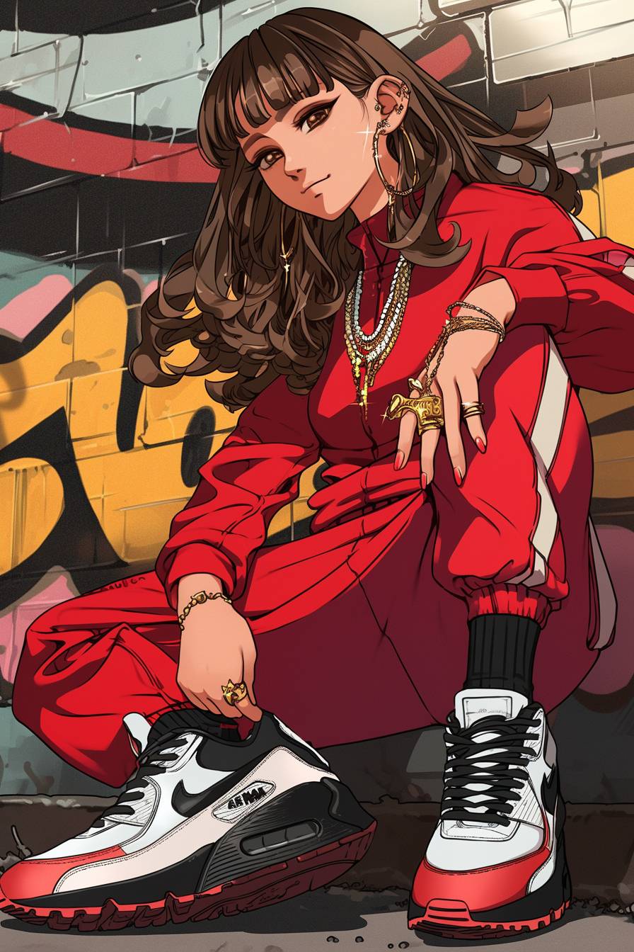 A girl wearing a Daily Paper tracksuit and Nike Air Max 95, accessorized with gold jewelry, showcasing an urban sportswear look.