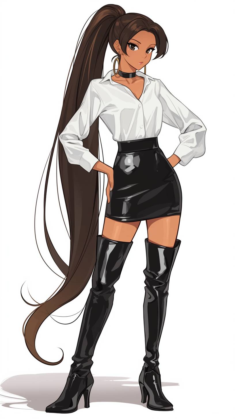 An anime girl wears a black leather mini skirt, white button-up blouse, and knee-high black boots, channeling Ariana Grande's edgy glamour.