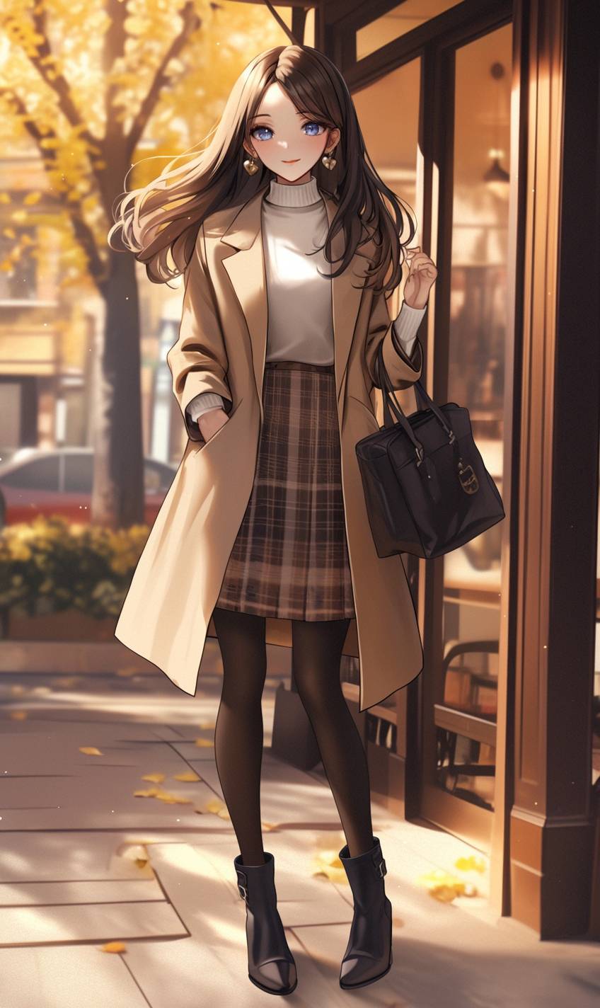 An elegant anime girl in a plaid blazer and turtleneck sweater showcases a professional look in a coffee shop during autumn.