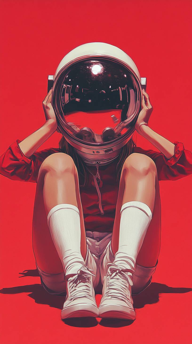 Uma menina com um capacete de astronauta sentada no chão com as pernas cruzadas, expressando melancolia ao estilo de arte dos anos 90.