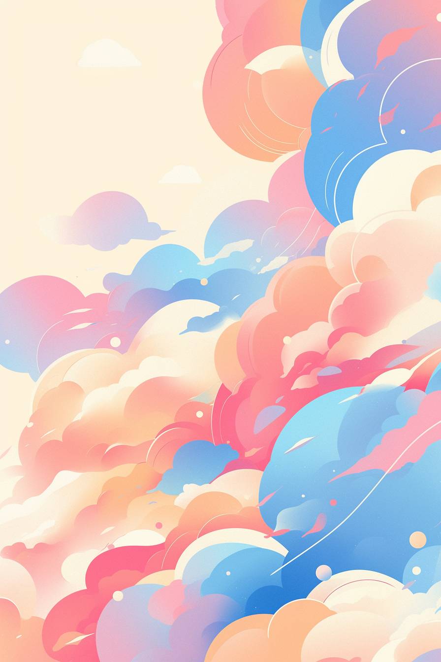 Motif de nuages rêveurs, roses et bleus pastel sur un fond minimaliste et aéré.