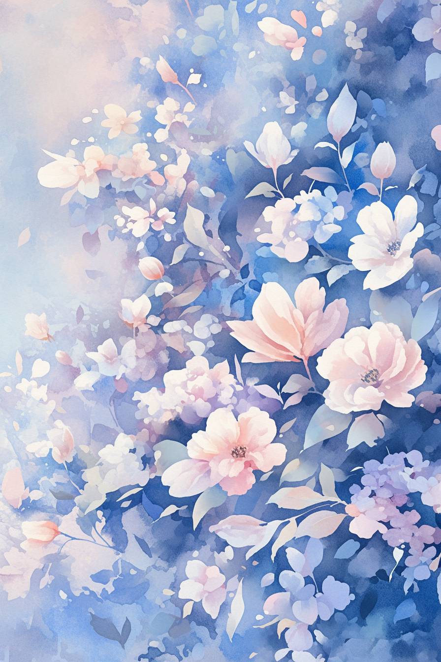 Watercolor floral design with soft muted blues and pinks, abstract flowery pattern