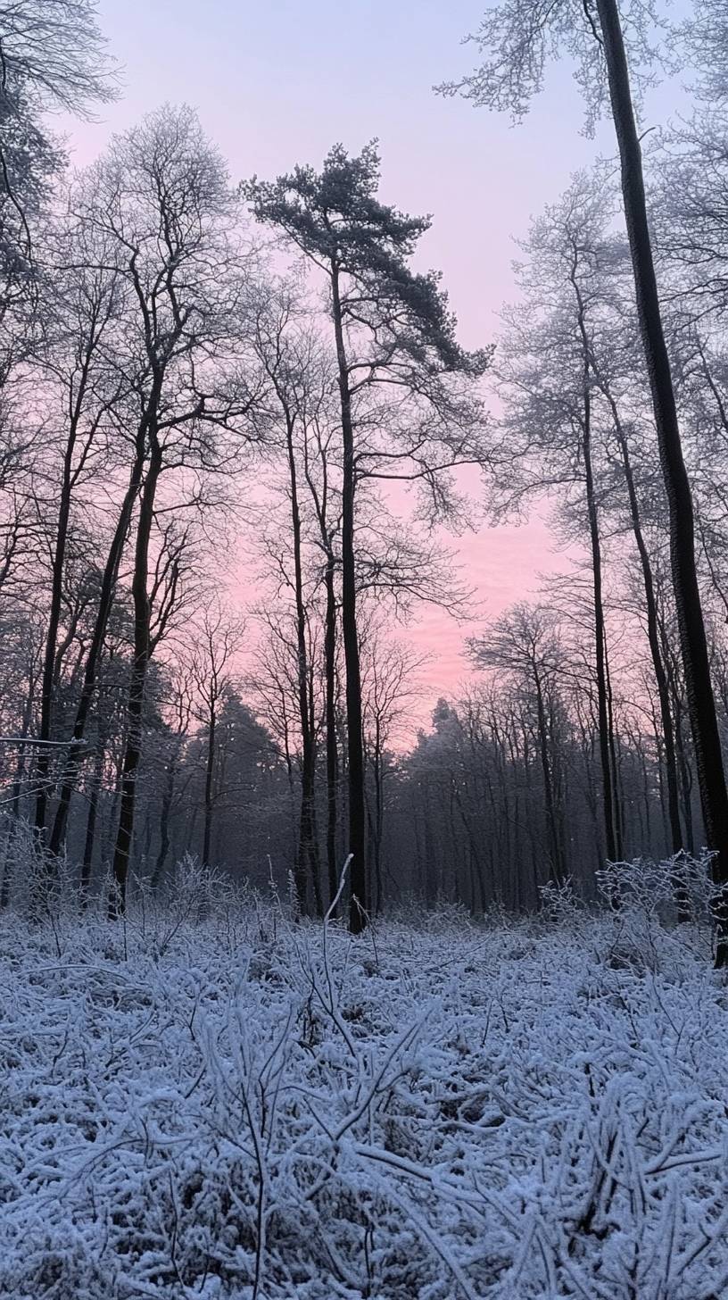 Floresta nórdica ao amanhecer de inverno, ramos cobertos de geada, céu rosa suave e silêncio pristino.