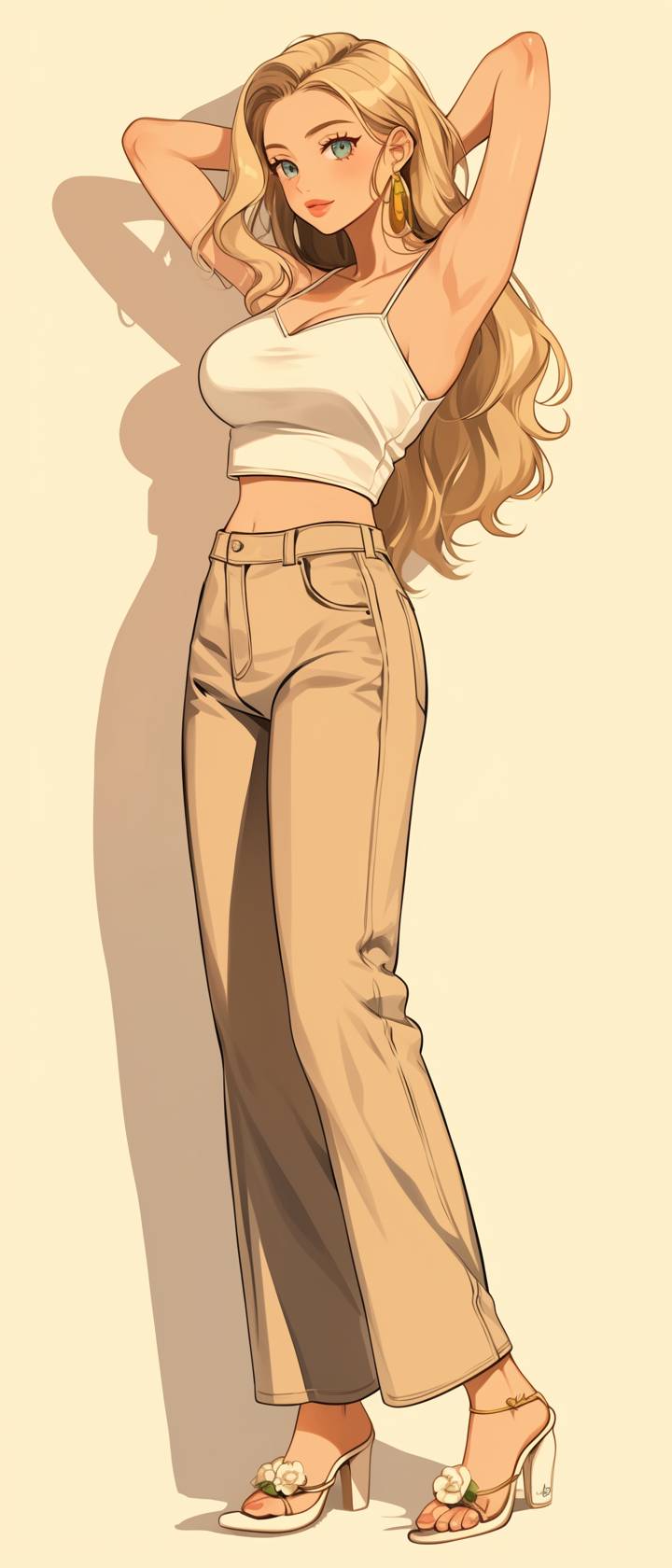 A female anime character in a loose tank top and wide-leg jeans, showcasing a vintage style, trendy and casual chic.