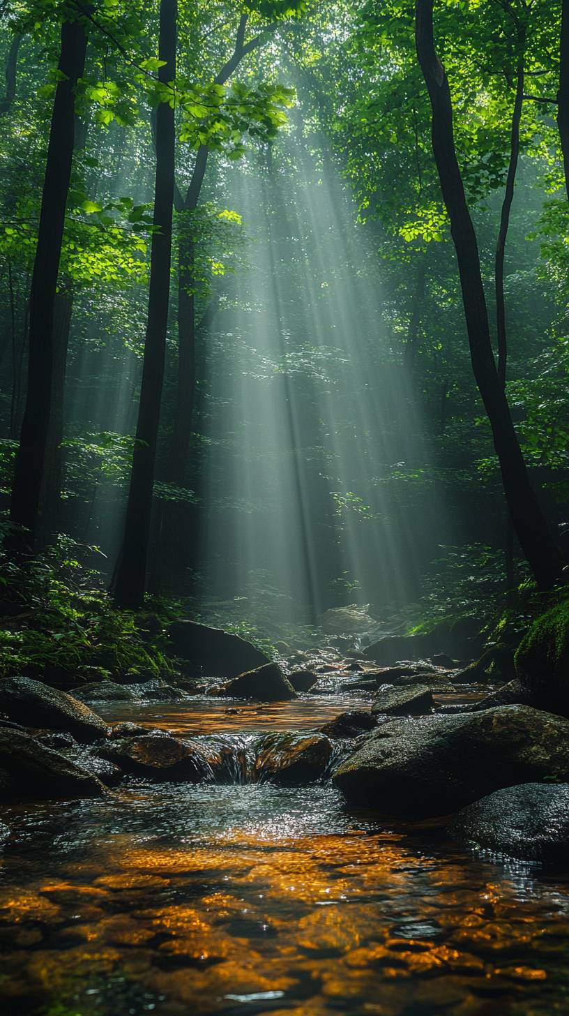 High-quality smartphone wallpaper, 8K ultra HD, misty forest with soft sunlight, calm atmosphere.