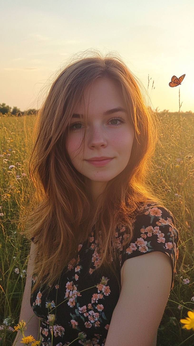 Prairie de fleurs sauvages au coucher du soleil, silhouettes d'herbes hautes et de papillons dans un ciel doré.