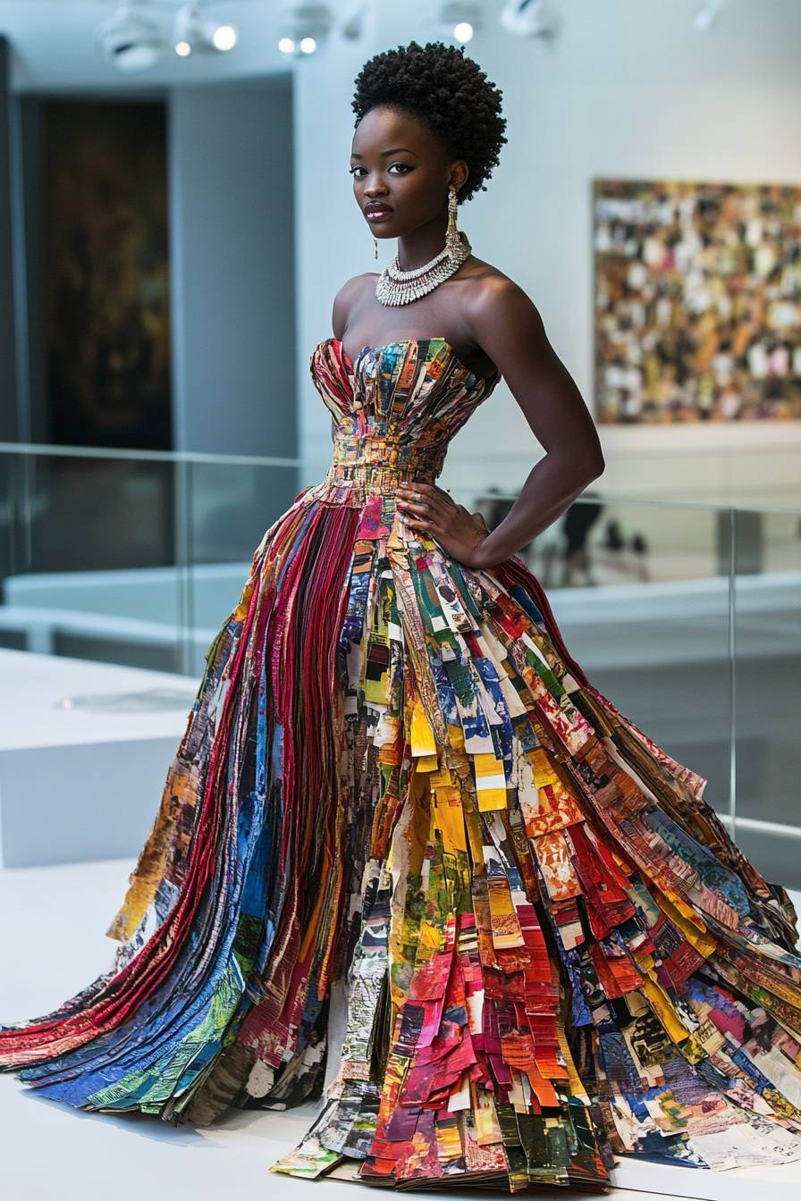 Lupita Nyong'o in einem bunten Designerkleid mit architektonischem Schmuck und kurzem, natürlichem Haar.