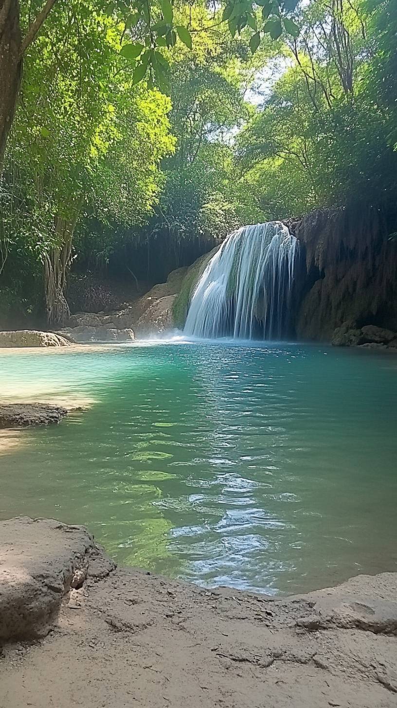 Tropical waterfall oasis with an emerald pool below, lush vegetation, a natural paradise.