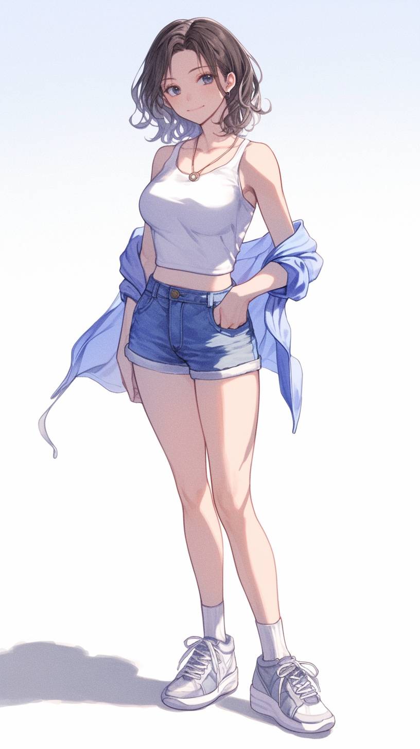 Female anime character in a sleeveless top and denim shorts, relaxed summer style.