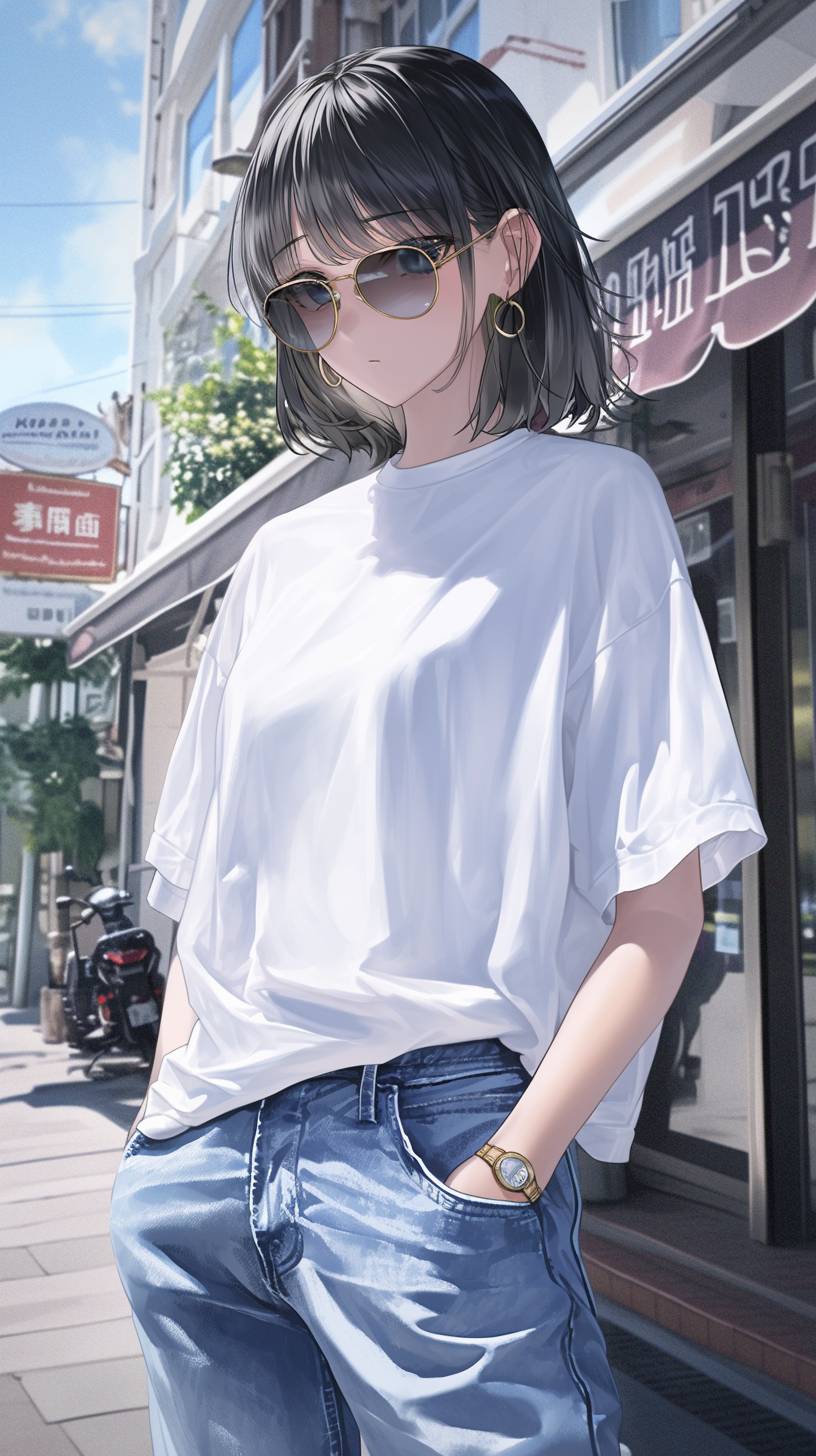 少女がユニクロの白いTシャツ、リーバイス501のジーンズ、コンバースチャック70を着てショッピング街を背景にRay-Banのウェイファーラーサングラスをかけています。