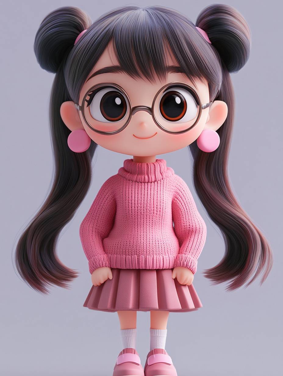 A cute girl with big eyes, long hair, pink earrings, wearing a preppy sweater and a JK skirt.