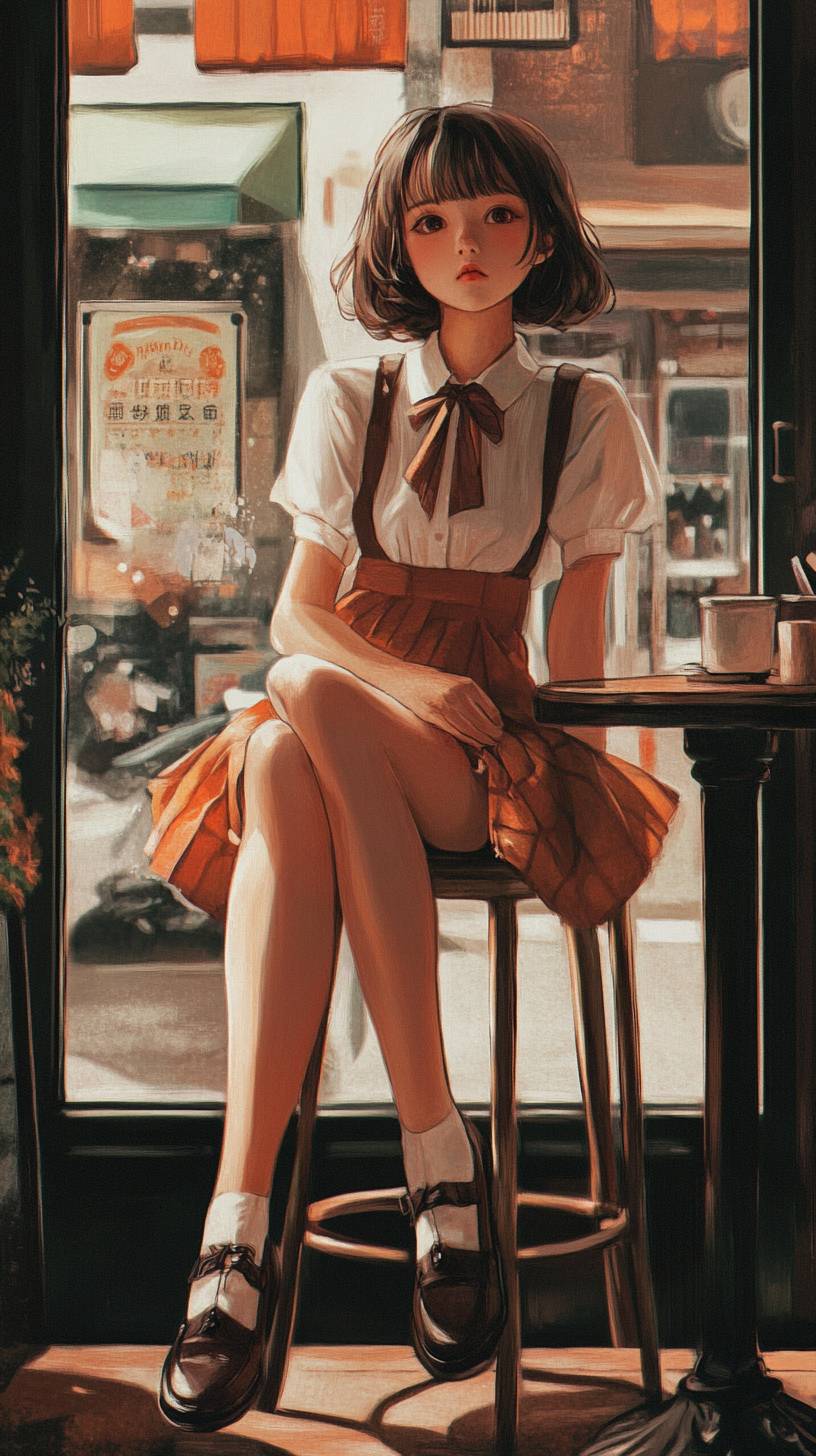 Nana Komatsu é retratada na moda de rua japonesa inspirada no vintage, usando sapatos oxford e cabelo curto em uma ilustração de café retrô.