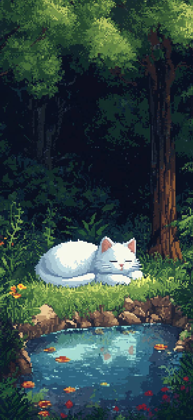 Art pixel de 8 bits d'un chat blanc dormant dans l'herbe près d'un petit étang, dans une scène mignonne et rêveuse.