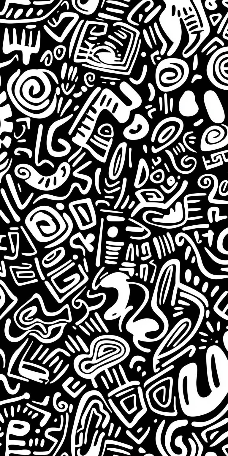 A black and white looping pattern in doodle art style, inspired by Puma racing merchandise, in high definition.