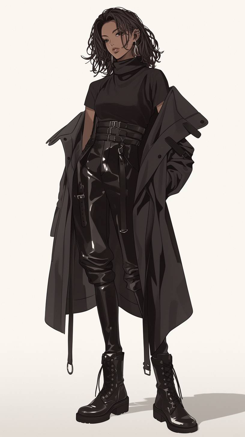 Anime-inspired character wearing a long black trench coat, black leather pants, and combat boots, showcasing a fashion-forward style.