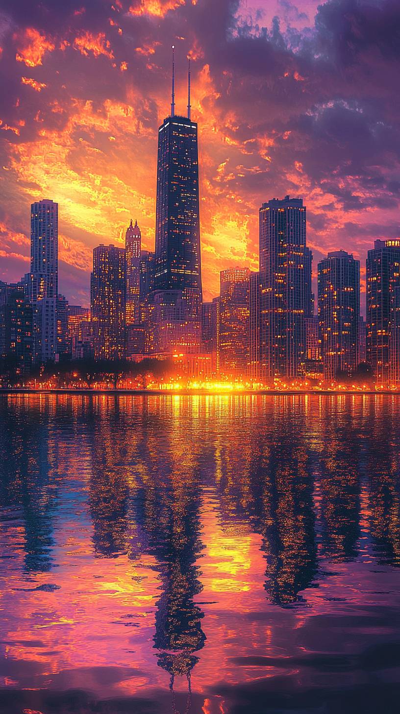 A city skyline at sunset, with skyscraper lights reflecting on calm waters, and the sky in warm gold and purple tones, creating a lively yet soothing urban vibe.