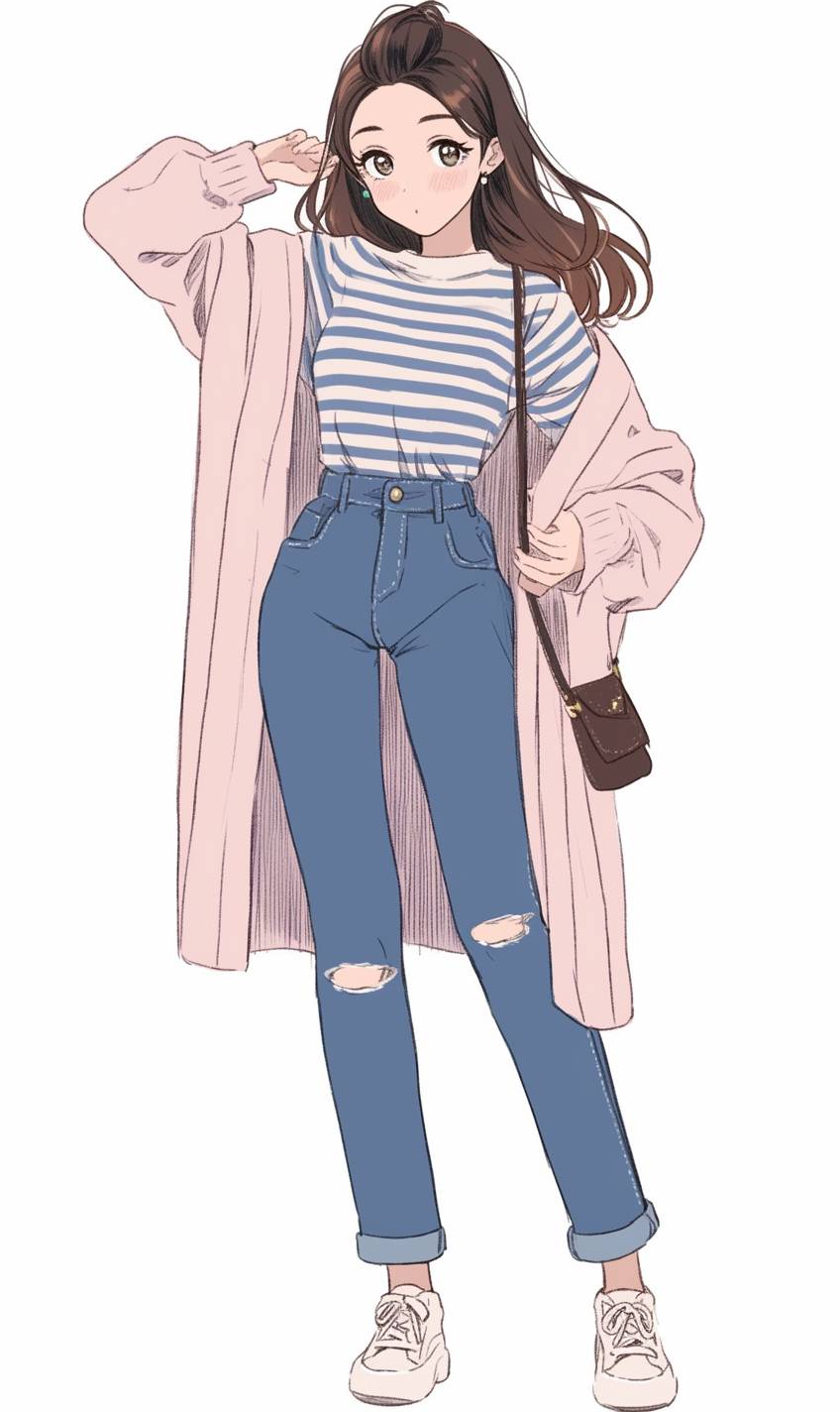 Anime-Mädchen in einem pastellfarbenen Cardigan über einem gestreiften T-Shirt, hoch taillierten Jeans und weißen Sneakers.