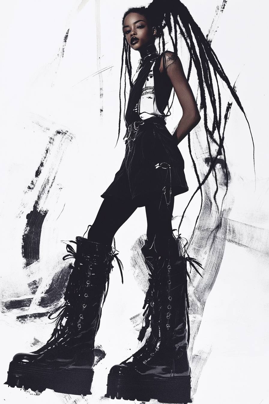 Anime-Illustration im Willow Smith-Stil, trägt avantgardistische Rick Owens, Plattformstiefel und kreative Zöpfe in einem künstlerischen Raum.