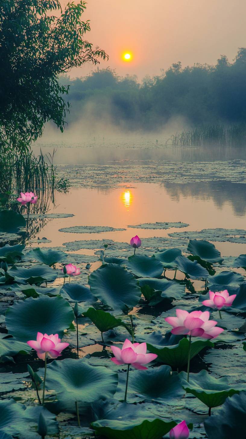 Lotus-Teich bei Sonnenaufgang, rosa Blumen und Morgennebel spiegeln eine friedliche Szene wider.