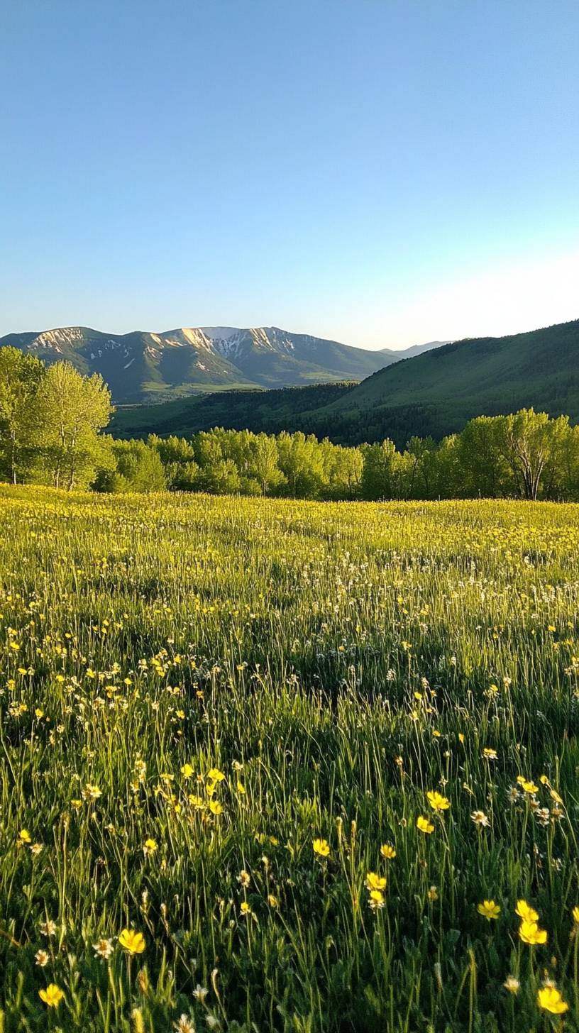 Valle montañoso de primavera, pradera de flores silvestres, picos distantes, aire fresco de la mañana