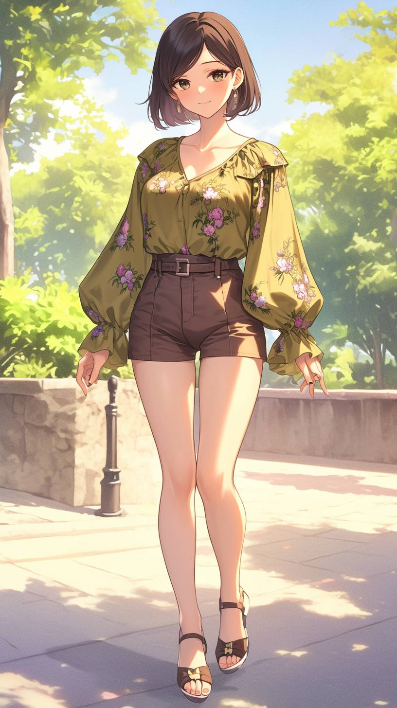 Anime-inspired character in high-waisted shorts and floral blouse, strolling in the park.