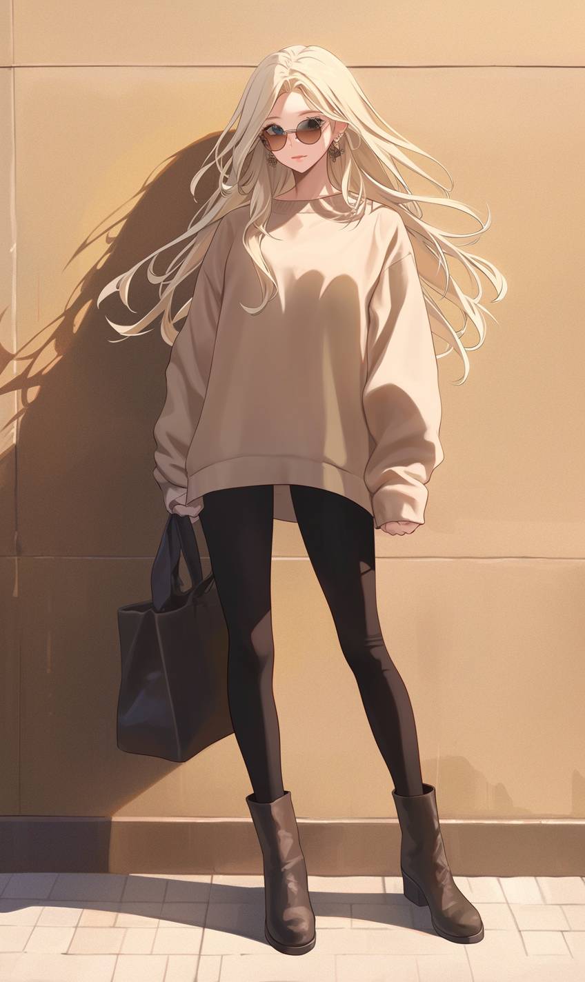 A CG anime girl with long hair, wearing a beige oversized sweater, black leggings, and knee-high boots, complemented by a large leather tote and oversized sunglasses.