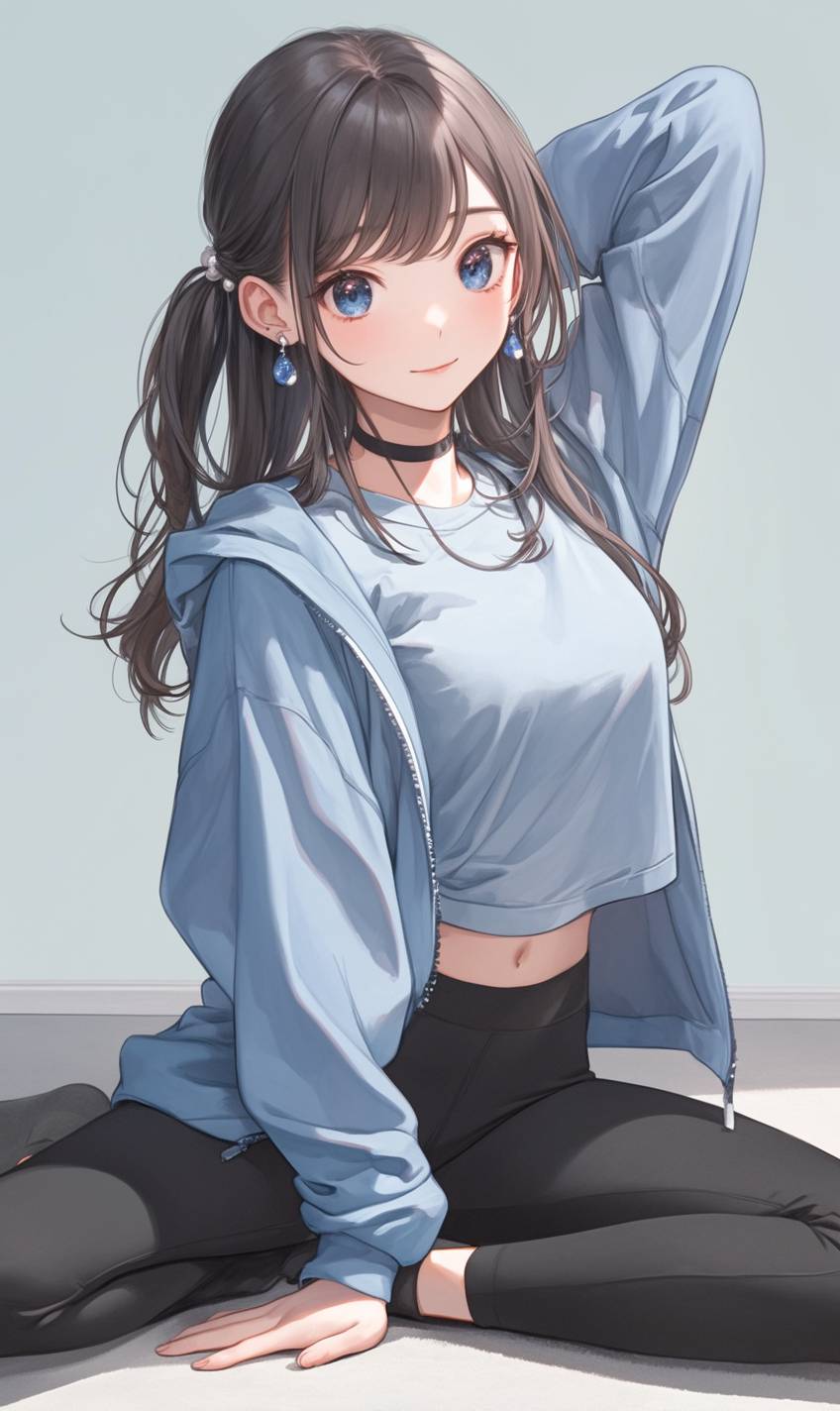 Anime girl stretching on a yoga mat in grey yoga pants and oversized hoodie, showcasing flexibility and strength.