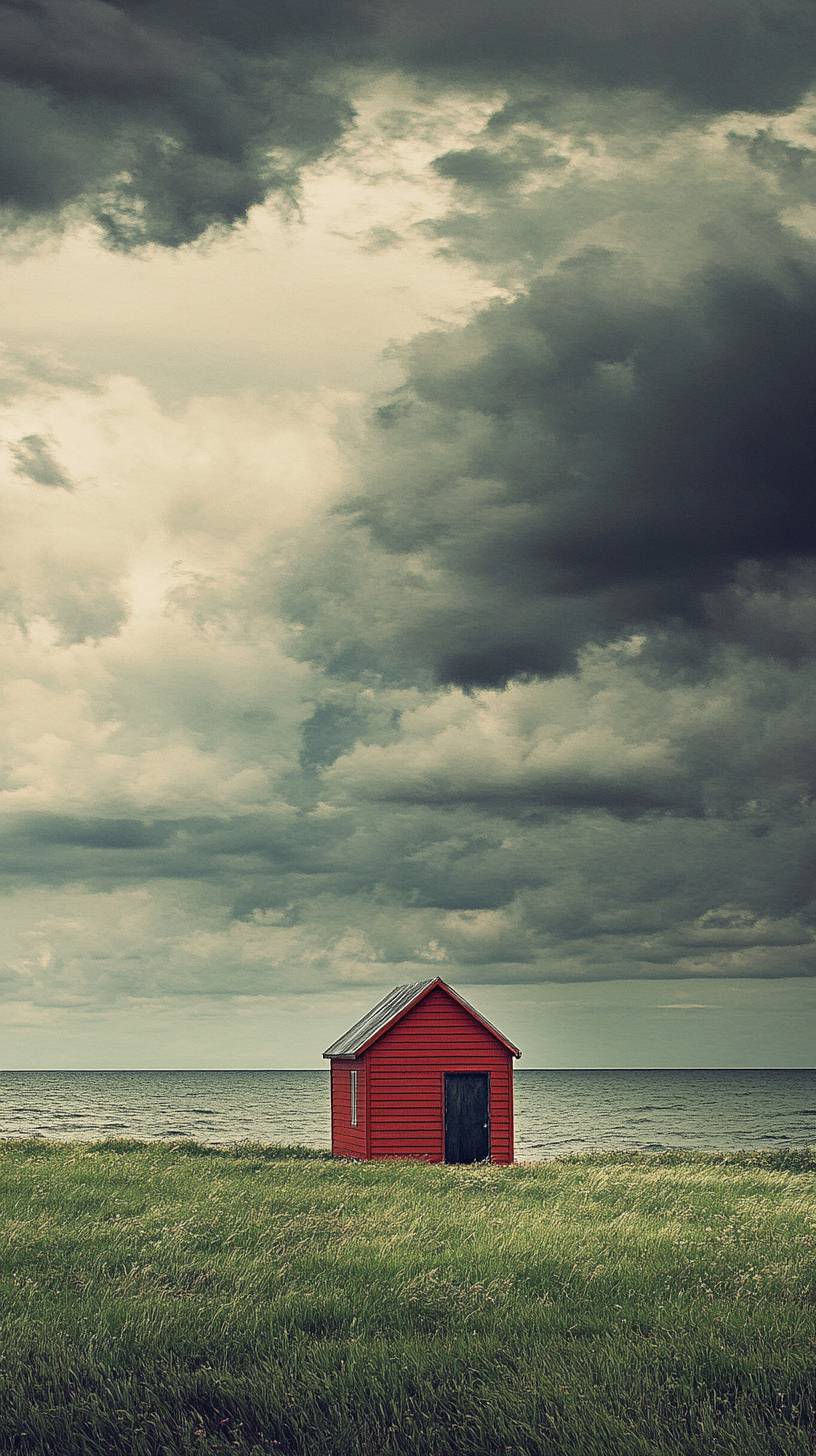 Une maison rouge se trouve sur un champ herbeux derrière l'océan.