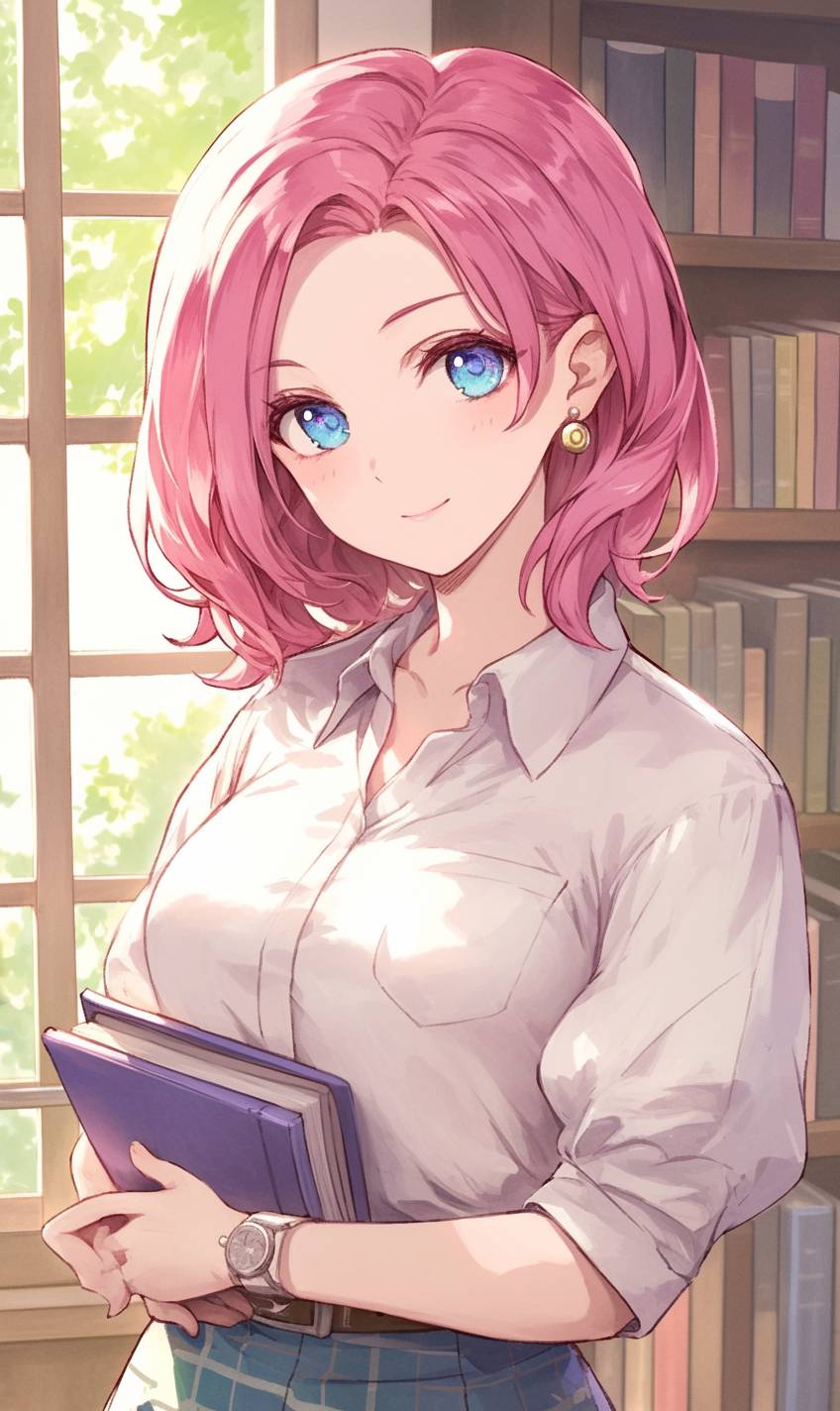 Moka Akashiya aus Rosario + Vampire trägt eine weiße Bluse, einen lila Rock und rote Absätze, hält ein Buch und geht mit einem verspielten, neugierigen Blick eine sonnige Straße entlang.