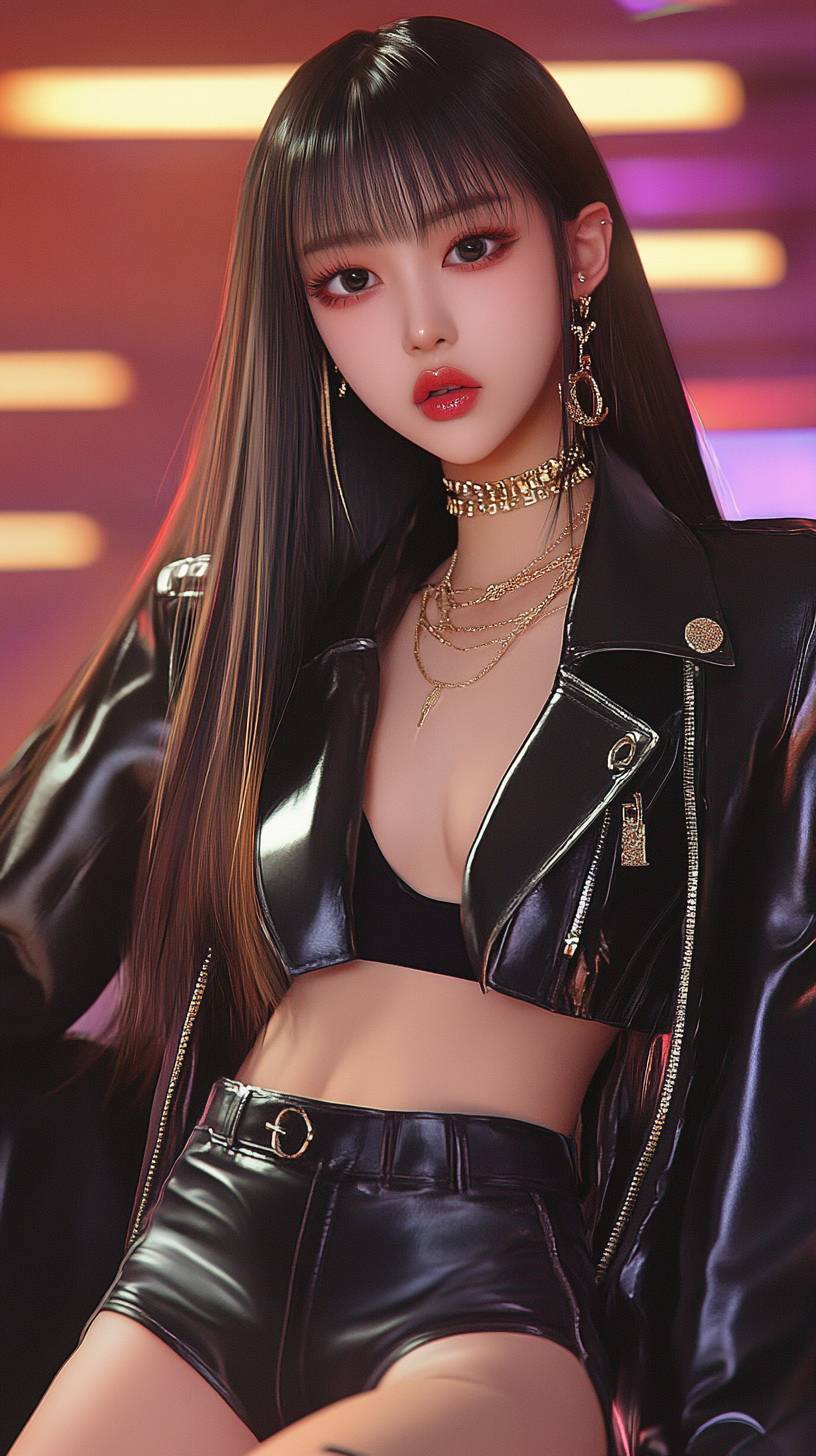 Ein Mädchen trägt eine Celine-Lederjacke im Stil von Blackpink Lisa und hochtaillierte Shorts in einem Tanzstudio.