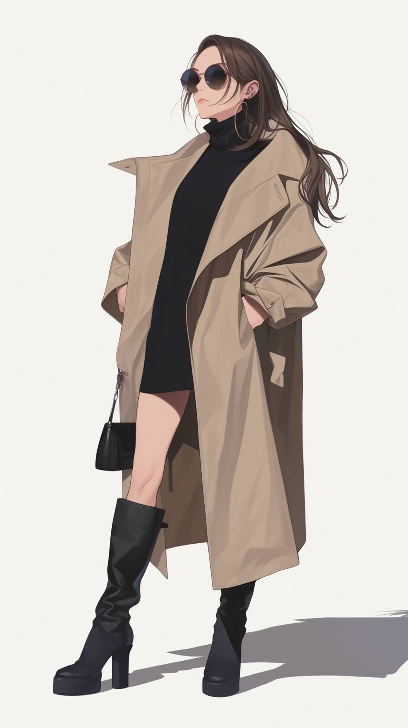 Garota de anime com um elegante trench coat bege oversized, vestido preto e botas até o joelho, misturando sofisticação com estilo urbano.