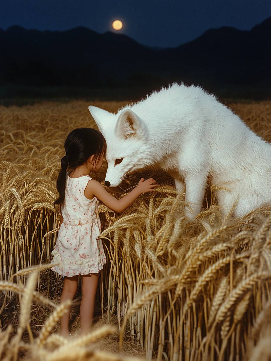 A girl from 1980s China touches the head of a giant white fox in a wheat field illuminated by moonlight.