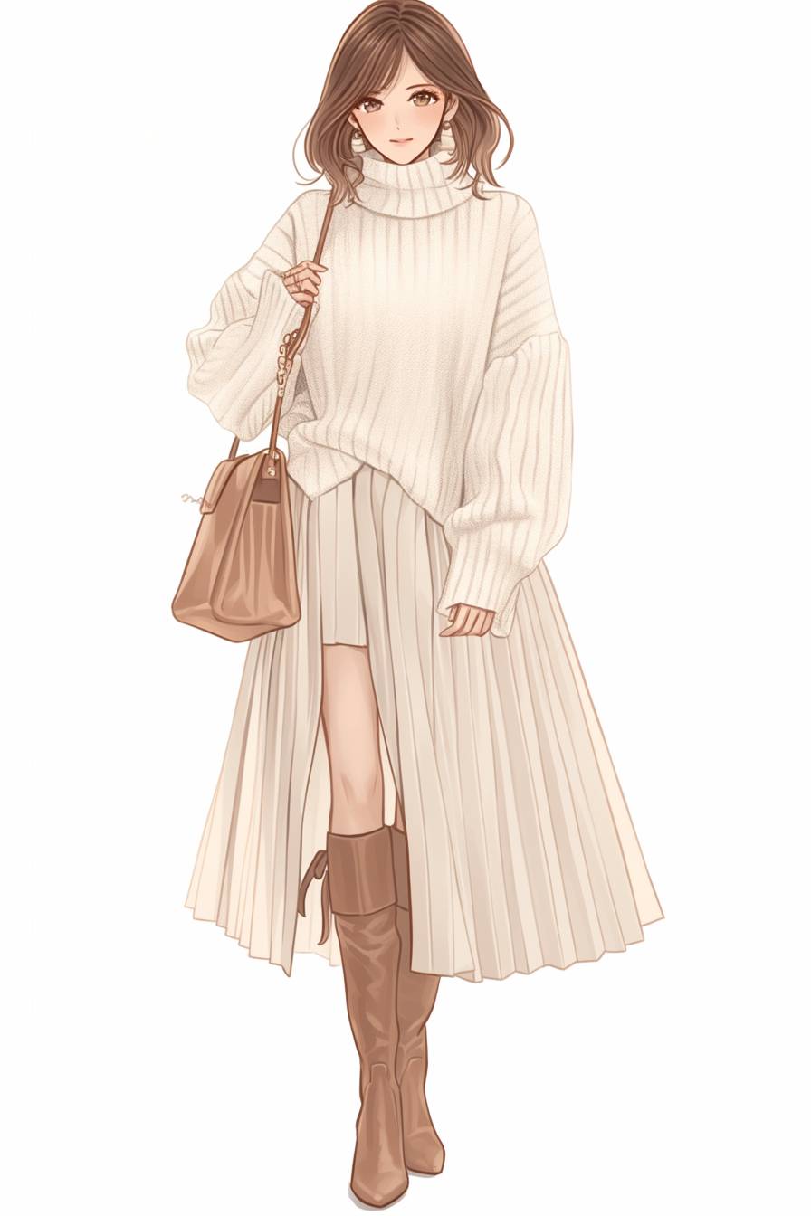 Fille anime dans un doux pull en cachemire blanc associé à une jupe plissée beige et des bottes marron jusqu'au genou, inspirée par l'élégance féminine de Natalie Portman.