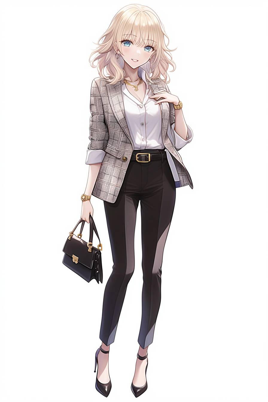 Anime-Mädchen in schickem karierten Blazer, weißem Hemd und schwarzen Tailored Pants, inspiriert von Taylor Swifts klassischem Stil.