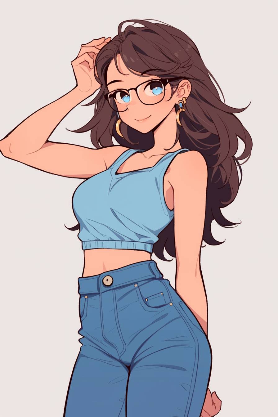 Garota de anime com top sem mangas e jeans skinny de cintura alta, estilosa e moderna.