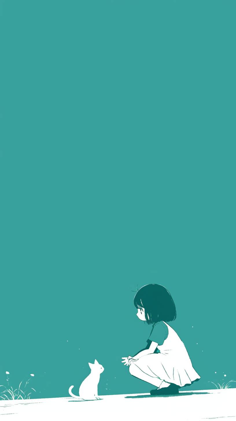 A minimalist comic showing Chibi Maruko-chan's silhouette sitting on the ground playing with a cat.