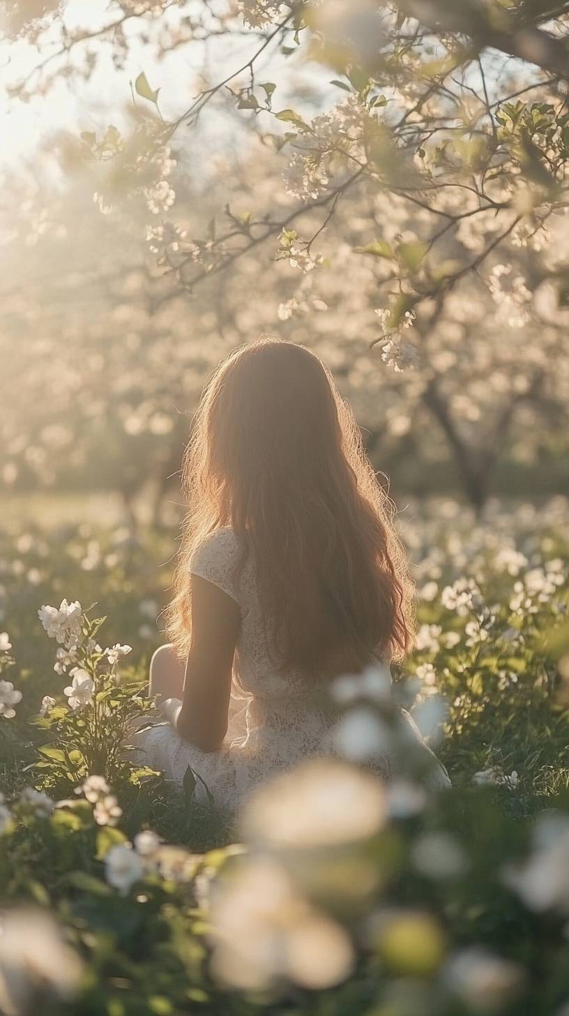 春のリンゴ orchard、白い花が朝の光の中で夢のような雰囲気を醸し出しています。