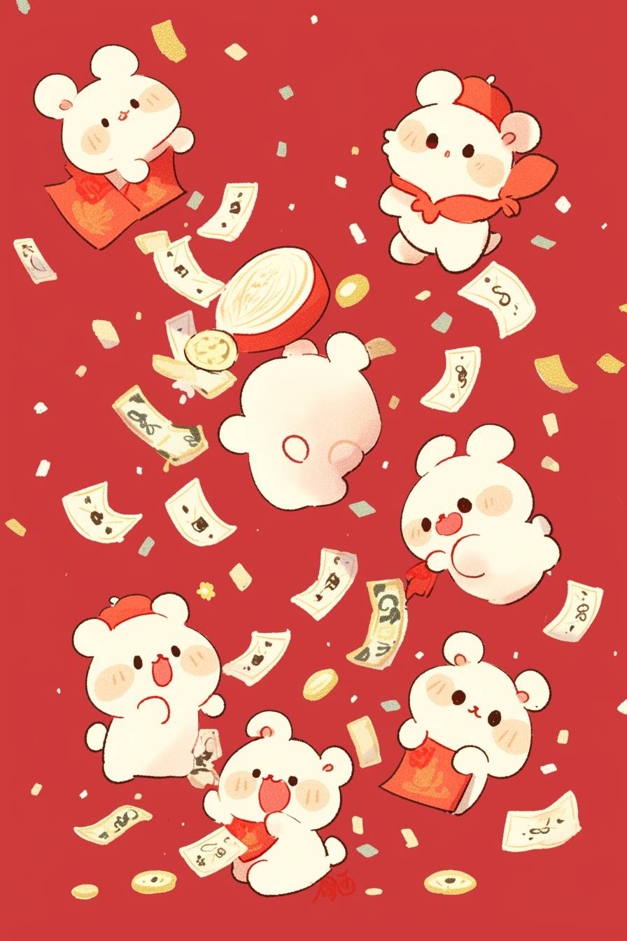 A group of cute little animals is throwing money, with a Chinese red background.