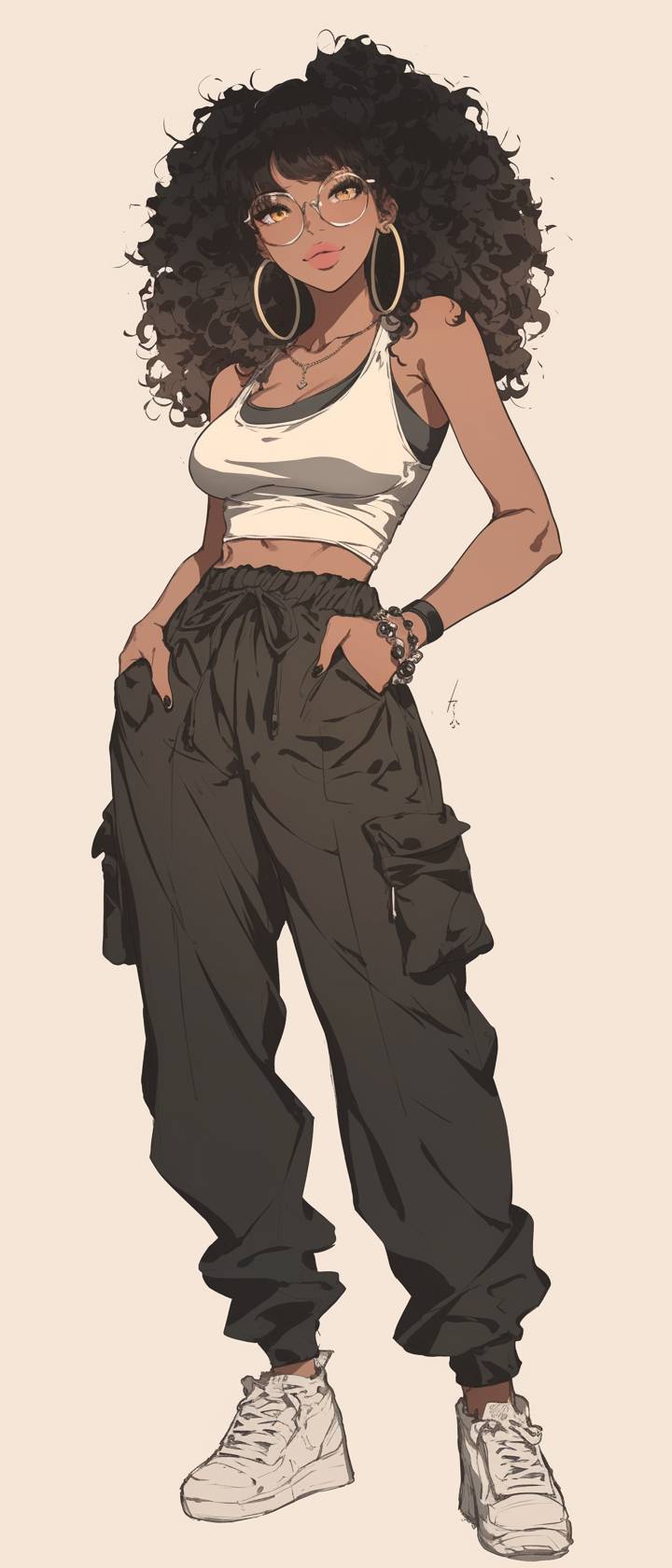  personaje de anime femenino que lleva una simple camiseta sin mangas y pantalones jogger negros, elegante pero relajado, con zapatillas casuales y cabello natural, mostrando un estilo callejero sin esfuerzo.