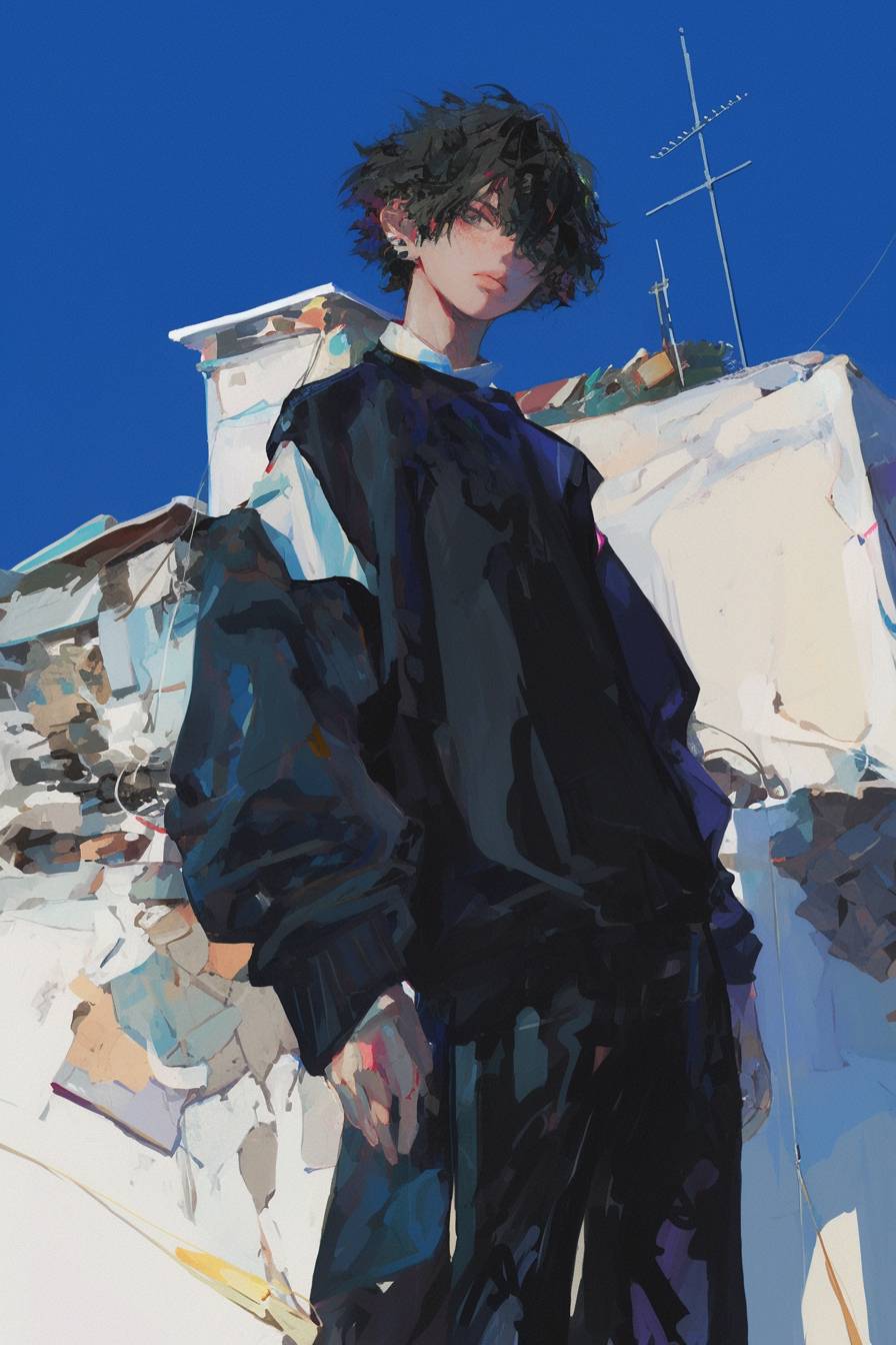 An anime boy in minimalist clothing with abstract shapes and soft tones in the background.