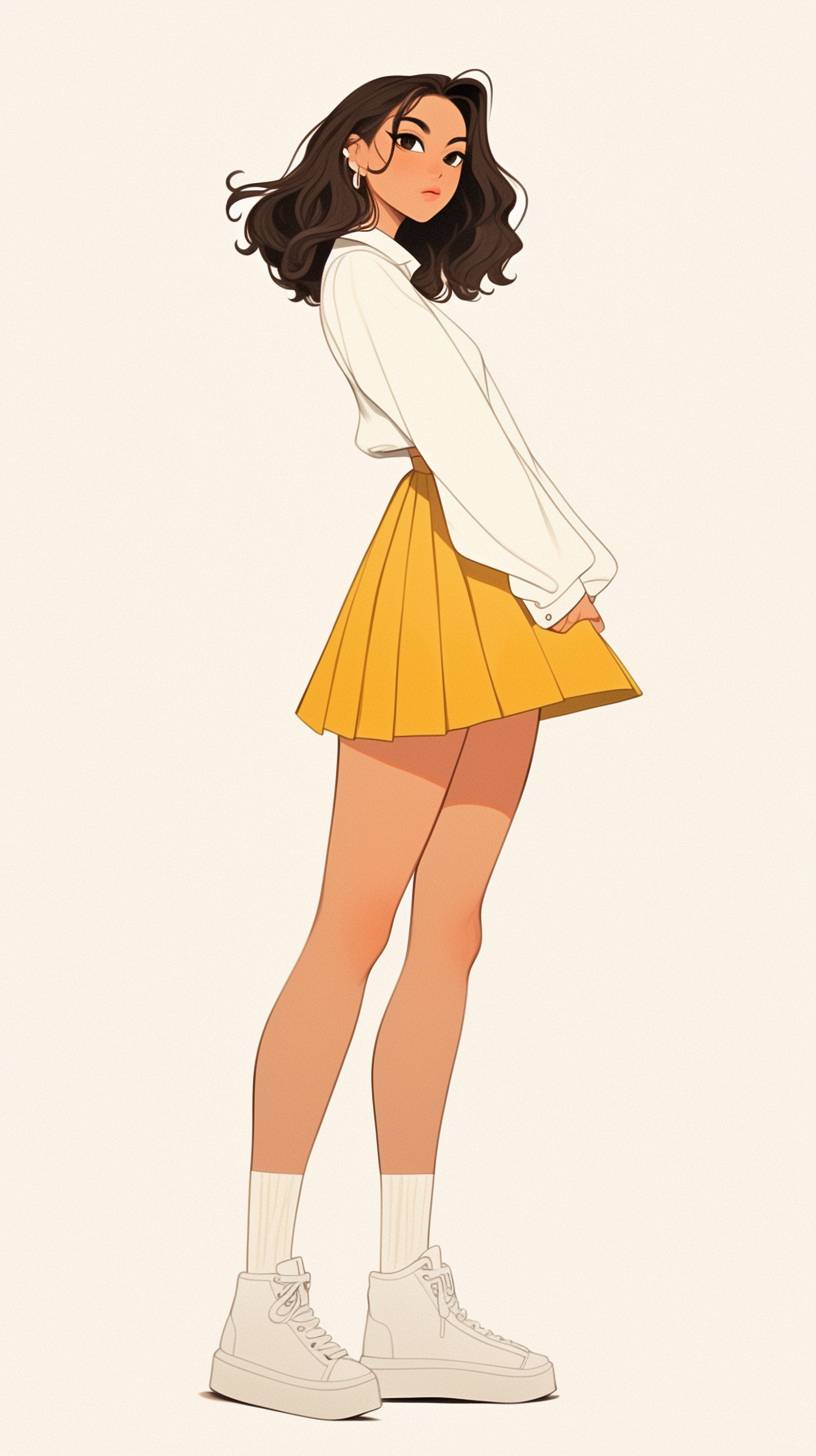 A cartoon girl wearing a high-waisted pleated skirt with a fitted white shirt radiating a preppy chic look.