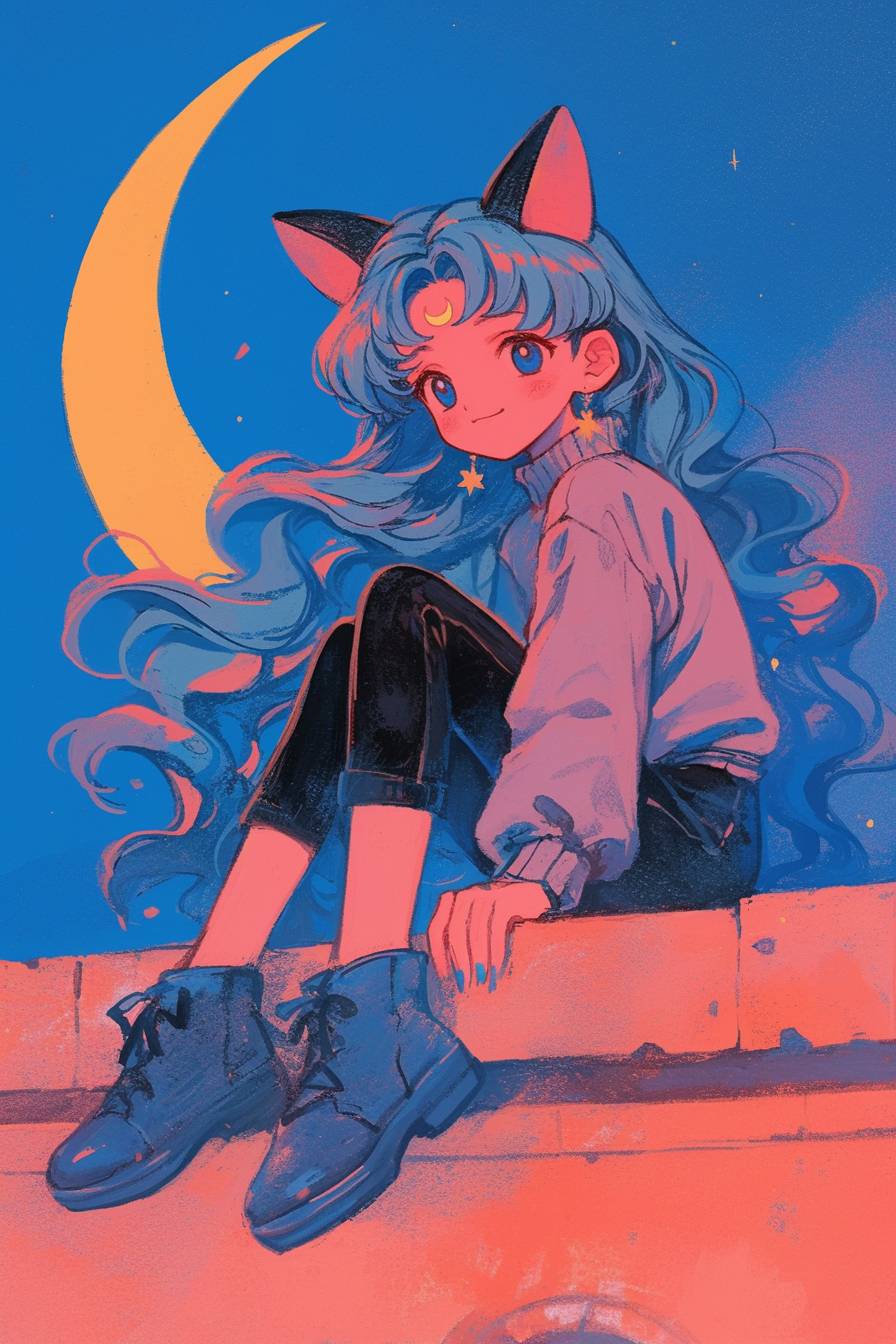 Luna de Sailor Moon dans un style décontracté mais magique, assise sur un toit sous la lune, portant un haut à manches longues violet, un legging noir et un bandeau avec des oreilles de chat.