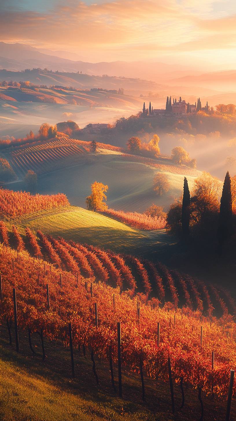 Autumn vineyard at sunset with golden hour light and misty valleys, romantic Tuscany style.